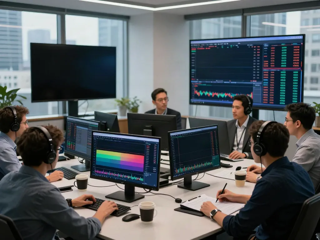 Traders focused on TradingView charts in a modern office environment