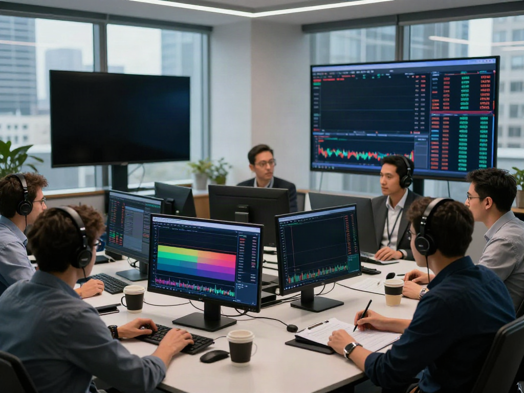 Traders focused on TradingView charts in a modern office environment