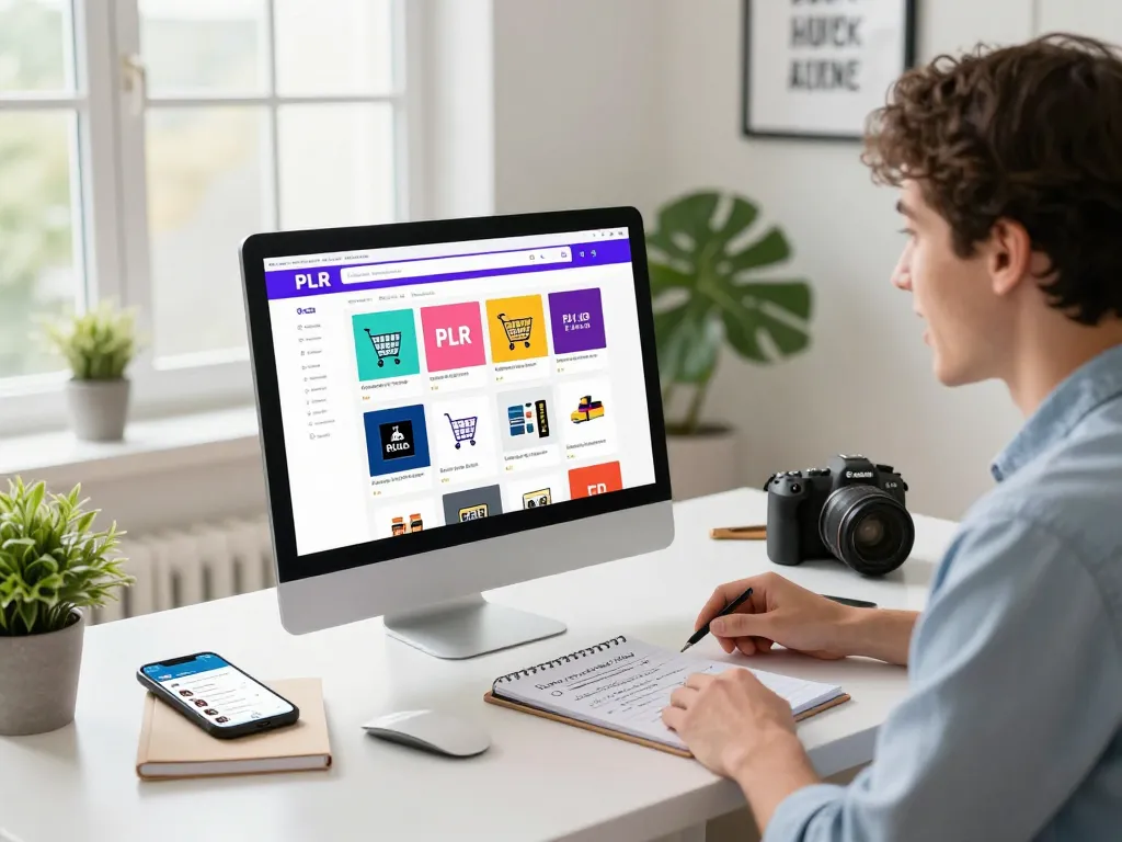 Buy PLR Digital Products from an engaging e-commerce workspace with diverse digital goods.