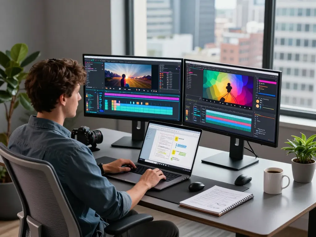 Video to promptgenerator setup with AI software, editing specialist, and tech workspace.