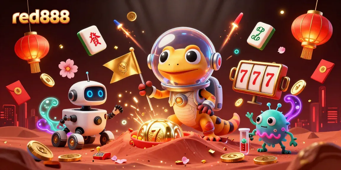 Celebrate winning moments at red888 Casino with a colorful Martian gecko and vibrant gaming elements.