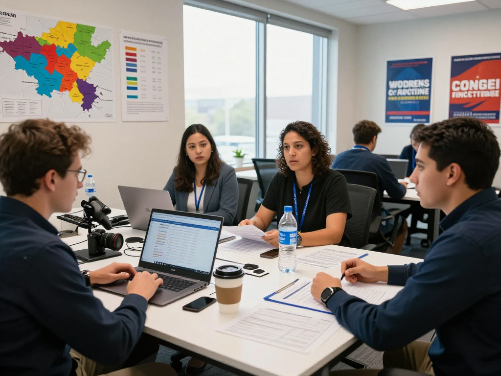 Campaign team collaborating on political SMS compliance strategies with detailed voter data.
