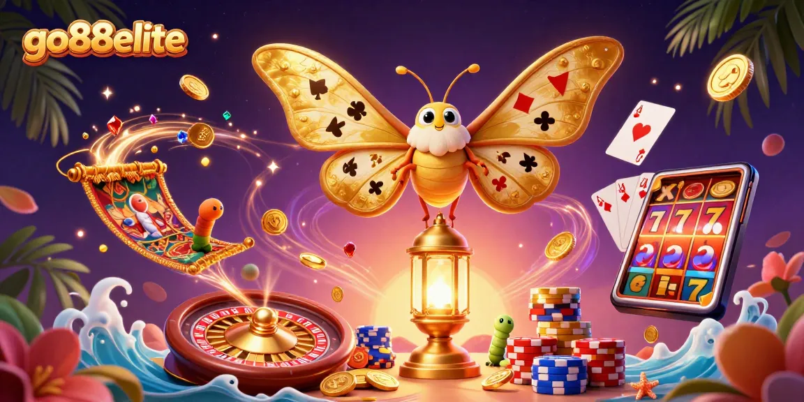 Experience the lavish 3D scene of go88elite with a majestic moth and casino treasures.