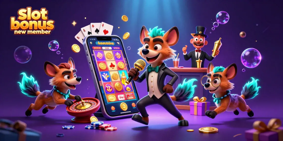 Engage in exciting gameplay with the slot bonus new member at a lively casino featuring animated hyenas.