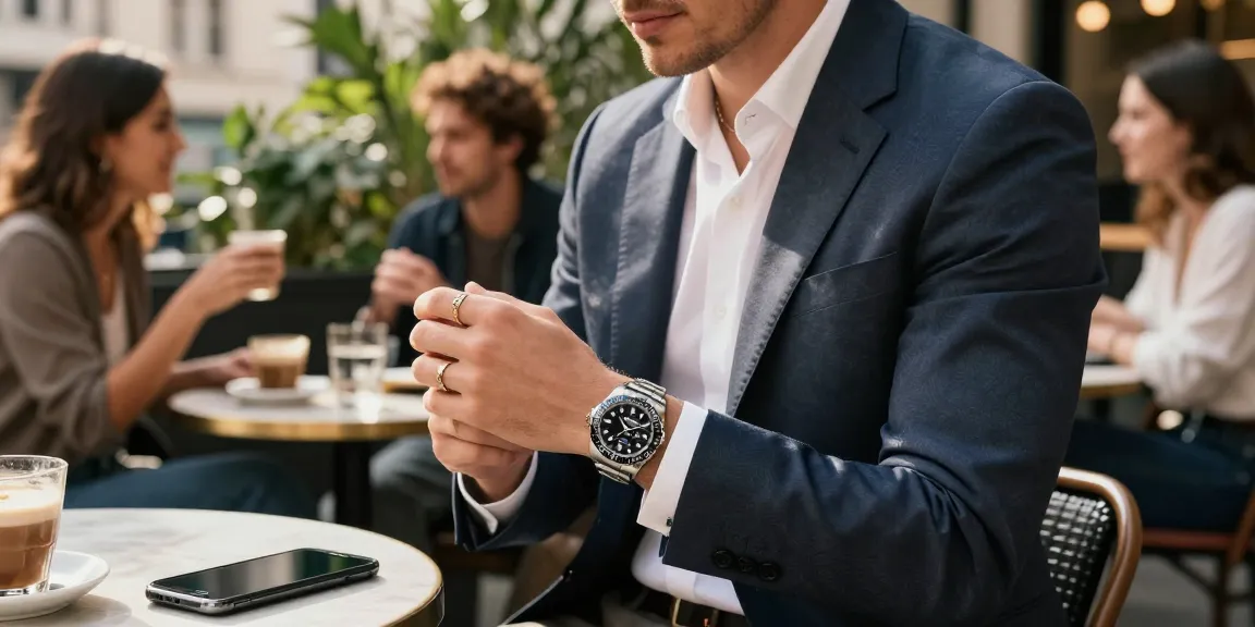 Stylish individual wearing rolex super clone watches at an urban café, exuding luxury and confidence.