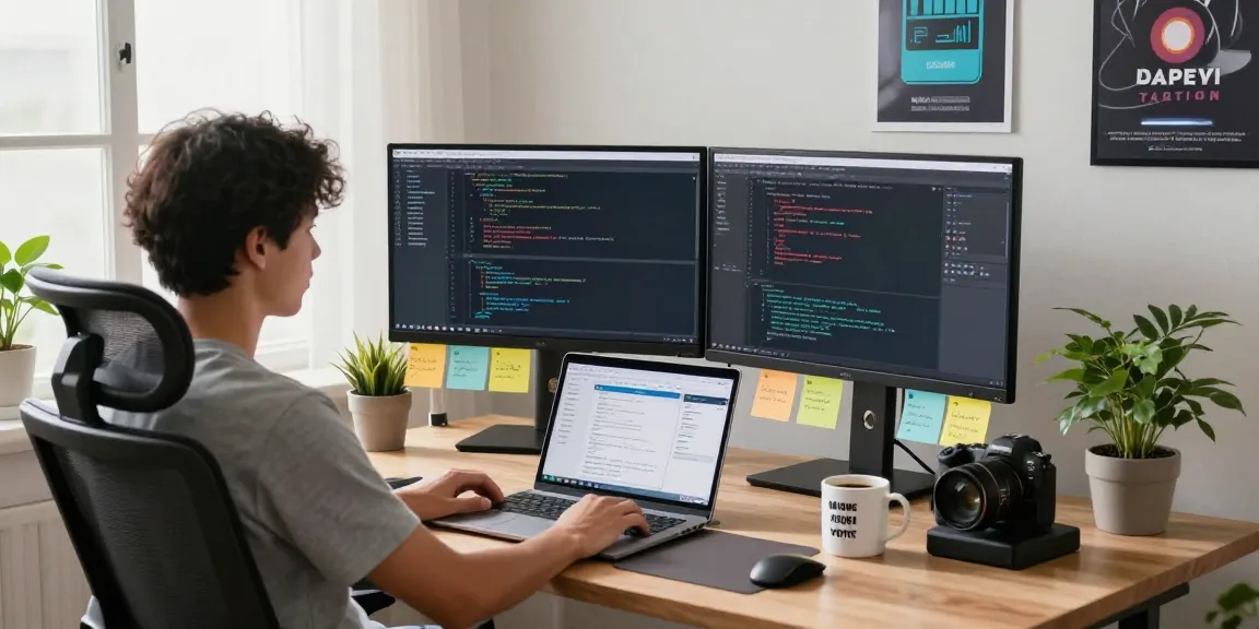 Remote software developer working at stylish home office, coding on telegraimin.com.