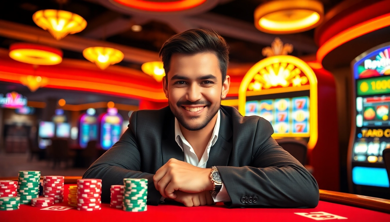 Vegas hero showcasing skill at a bustling casino table filled with colorful chips.