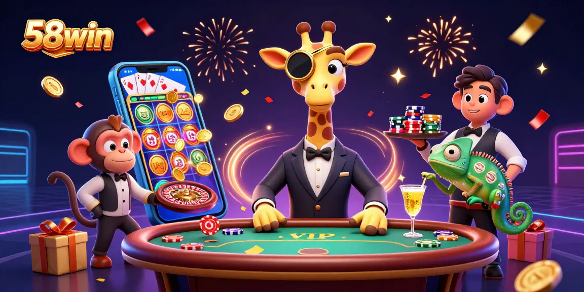 Experience the excitement of 58win as giraffe high-roller, monkey valet, and chameleon bartender celebrate with dynamic casino games.