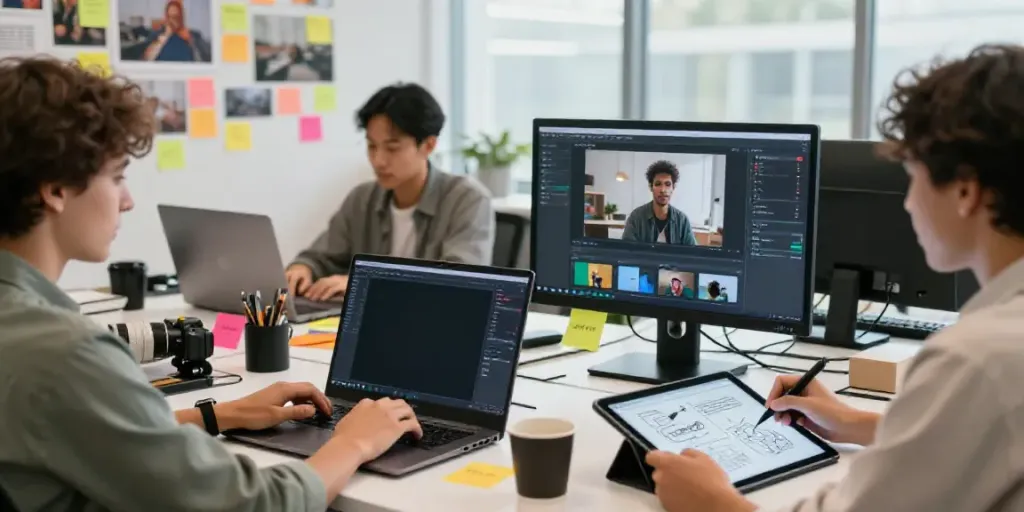 Collaborative workspace scene using an online AI text to video generator for creative video projects.