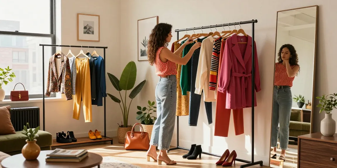 Organizzazione di un guardaroba capsula elegante in un appartamento urbano, con una donna che mostra outfit coordinati e accessori.
