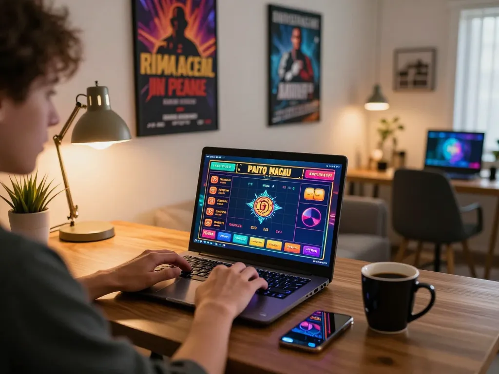 Paito macau displayed on a laptop screen during an engaging online casino session at home, showcasing a personal gaming atmosphere.
