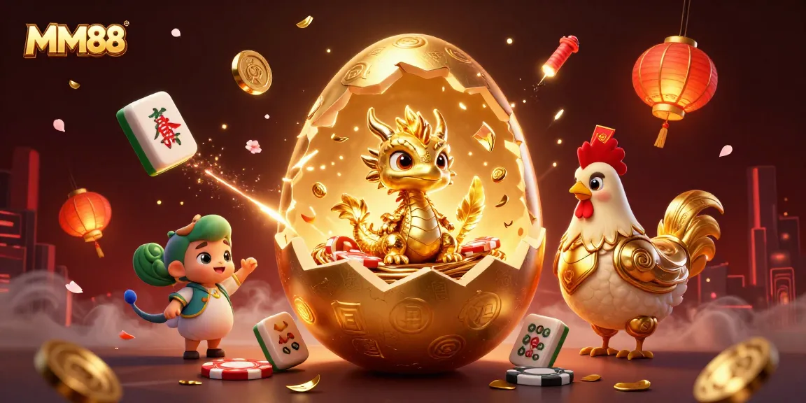Engage in epic MM88 adventures with gold dragons and poker chips amidst vibrant festival decor.