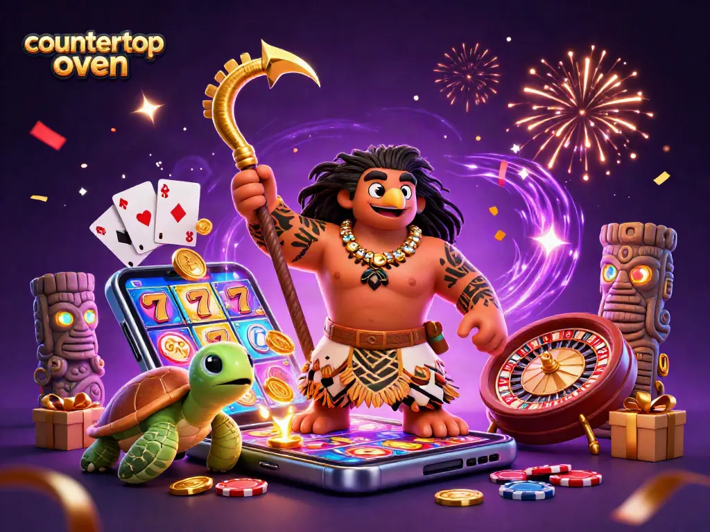 Slot game action in a dynamic scene with a countertop oven touch, vibrant animation for gamblers.