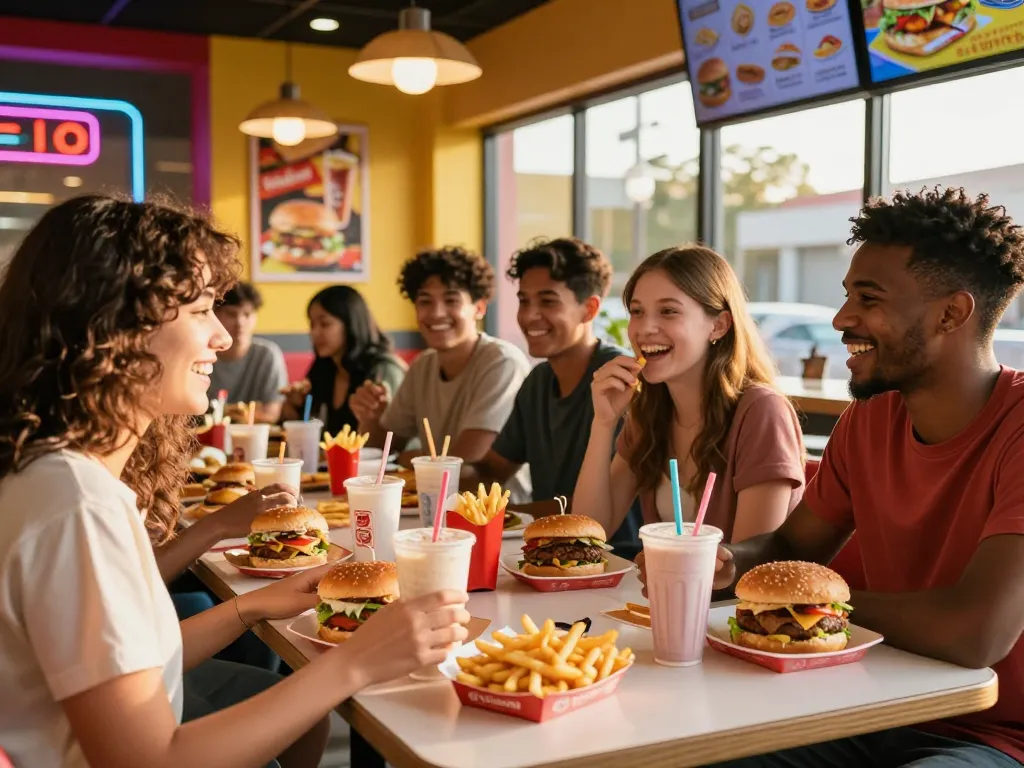 Friends enjoying an array of fast food menu items in a lively restaurant setting.