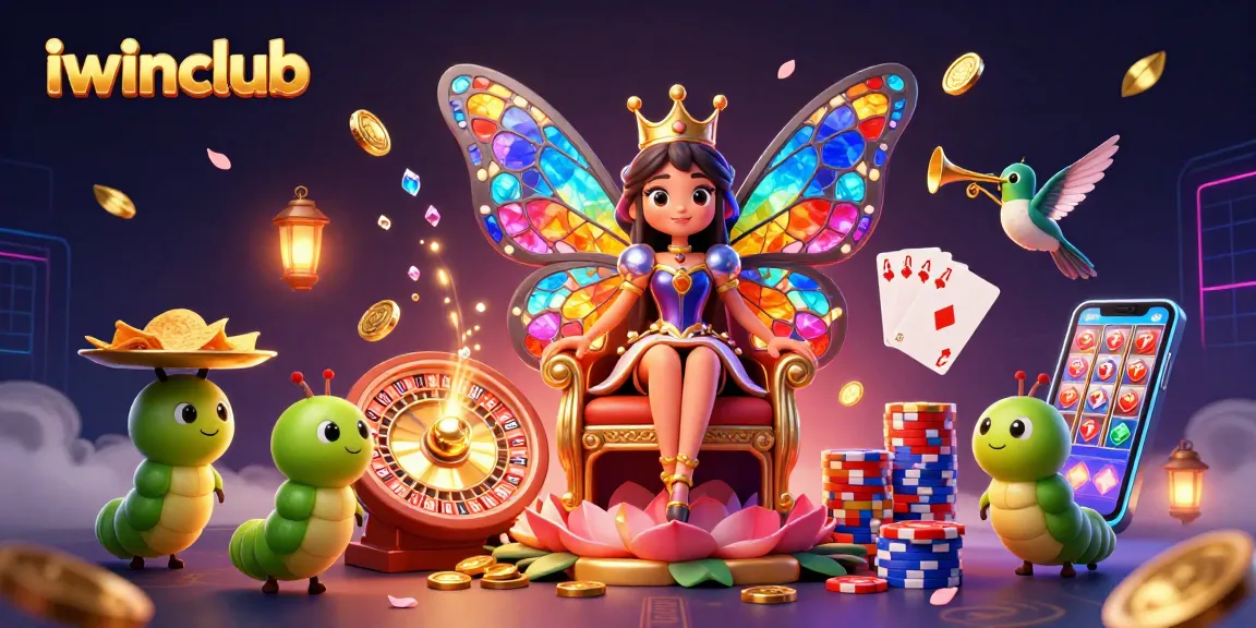 Engage with iwinclub's vibrant casino scene featuring a butterfly queen, golden coins, and dynamic game elements.