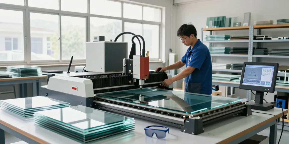 Technician using a glass cutting machine CNC in a bright workshop, showcasing advanced glass processing technology.