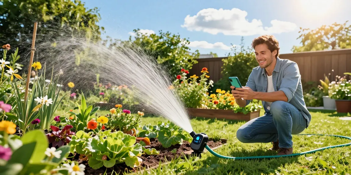 Homeowner using a RainPoint water timer to efficiently water a vibrant garden, showcasing smart irrigation techniques.