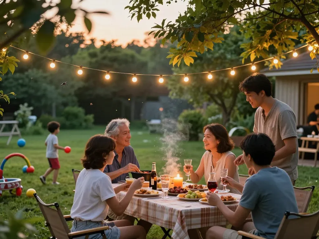 Best Mosquito Repellent protecting family enjoying summer barbecue outdoors with citronella candles and bright lights.