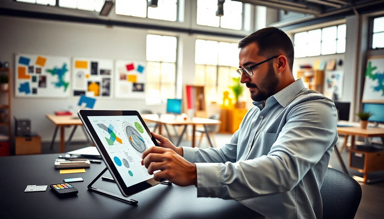 Showcase the creative process at https://bestdesignersintheworld.com/ with a designer in action in a vibrant studio.