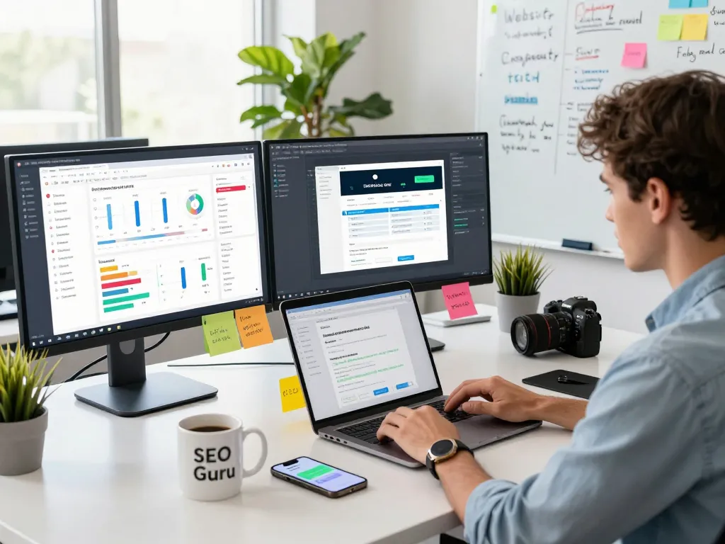 Digital marketing professional optimizing website traffic using group buy SEO tools in modern workspace.