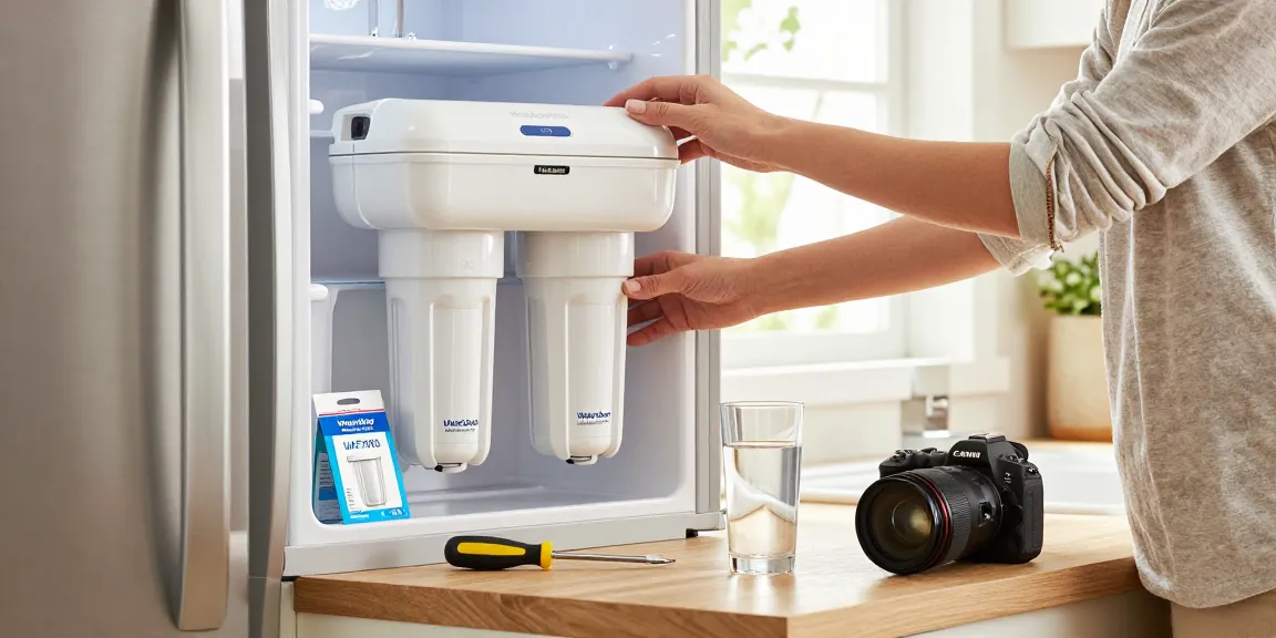 Person installing Waterdrop Plus UKF7003 Replacement for Maytag® UKF7003 in a bright kitchen, emphasizing easy home water filtration.