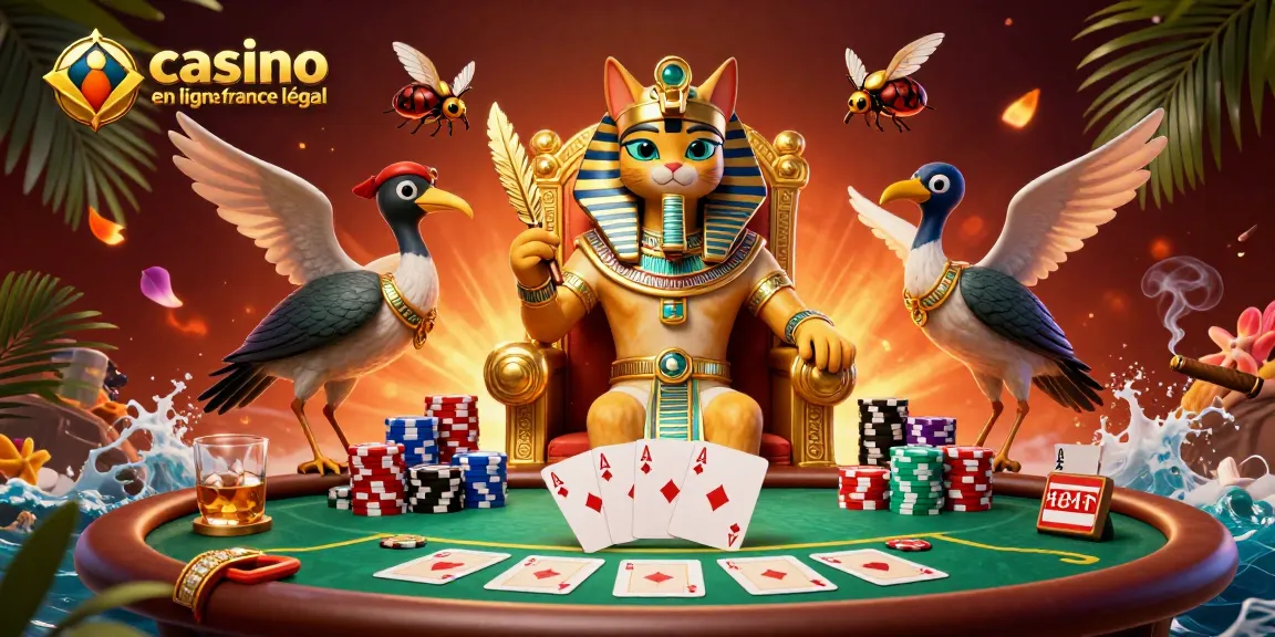 Plonger dans l'univers d'un casino en ligne France légal avec un pharaon adorable et des jetons colorés.