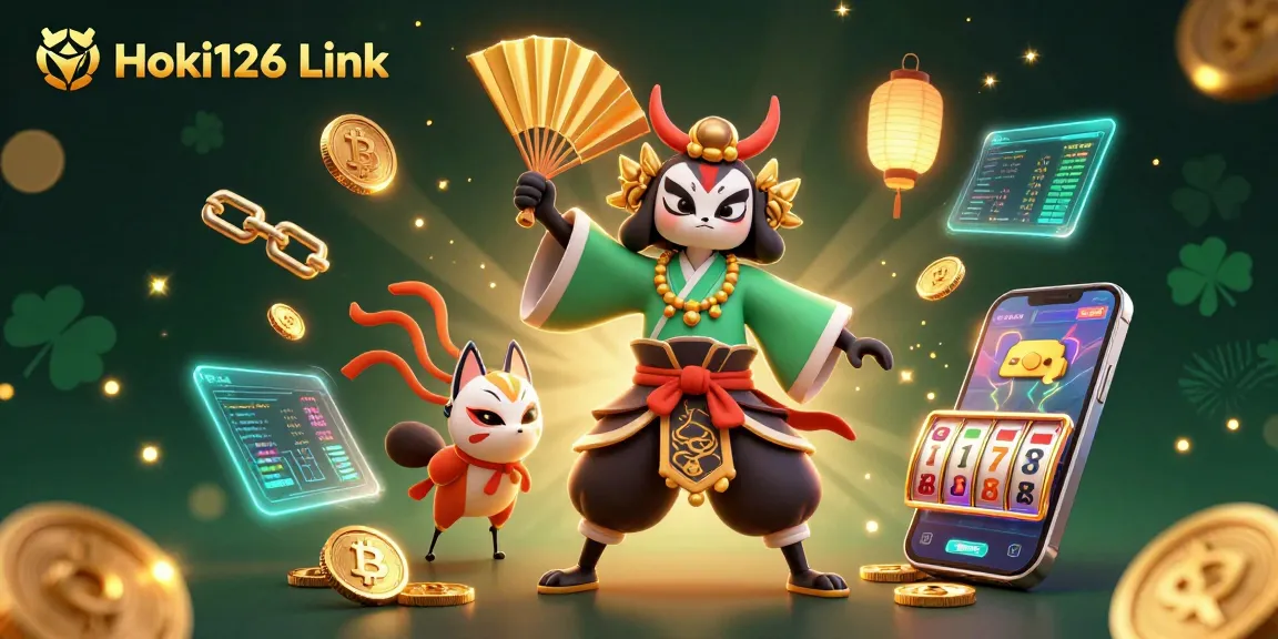 Engage in gaming with Hoki126 Link surrounded by colorful crypto coins and vibrant slot elements.