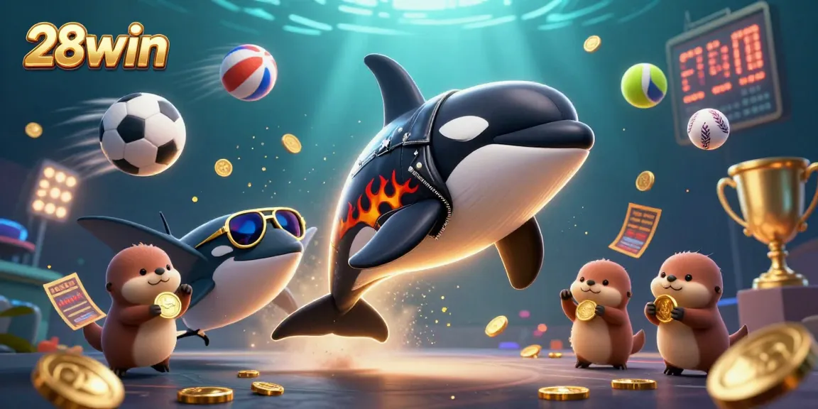 Experience the excitement of 28win with a dynamic underwater scene filled with animated characters and sports elements.
