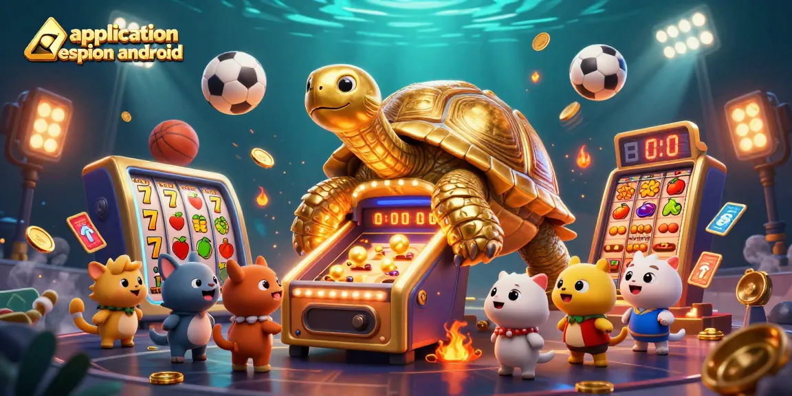 Applications d'espionnage sur Android avec une tortue en or jouant à des machines à sous dans un univers dynamique.