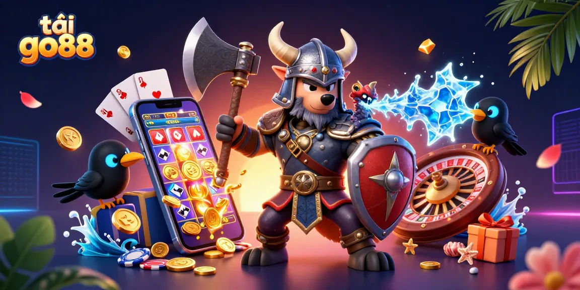 Tải go88 with a vibrant 3D scene featuring a Viking wolf warrior, fierce dragon, and casino elements like slot games.