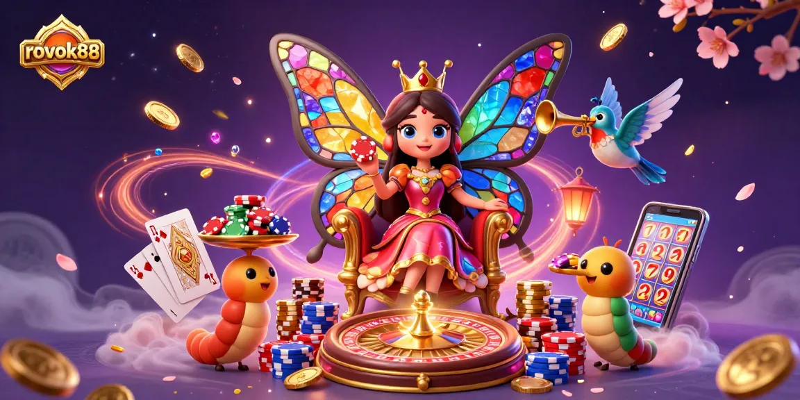 Experience the excitement of rokok88 with the dazzling butterfly queen surrounded by casino elements and gold.
