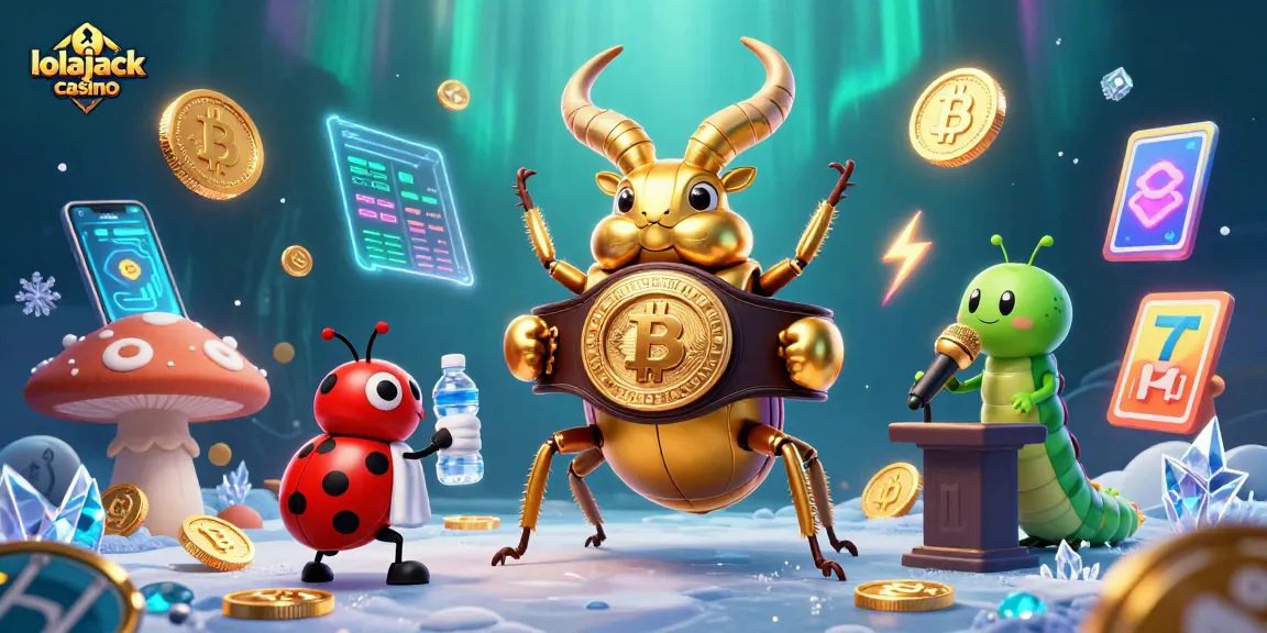 Engage with the lolajack casino experience in a dynamic 3D scene featuring a beetle boxing champion and vibrant casino elements.