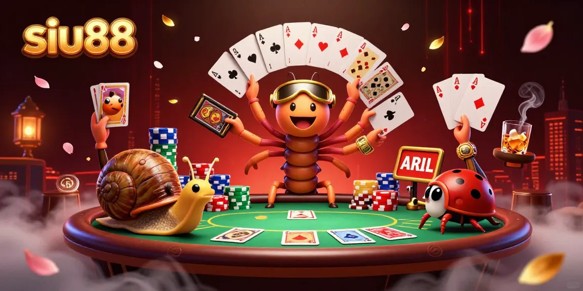 Experience siu88 excitement with a vibrant 3D casino scene featuring a cartoon millipede dealer.