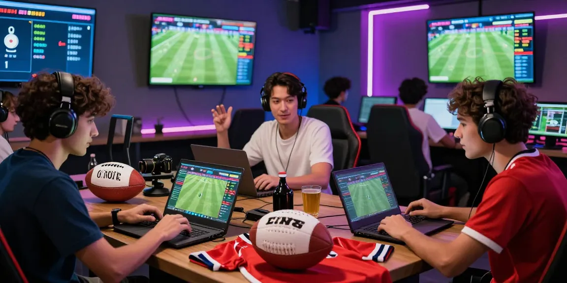 Enthusiastic gamers analyzing keobongdahomnay stats in a vibrant sports betting lounge.