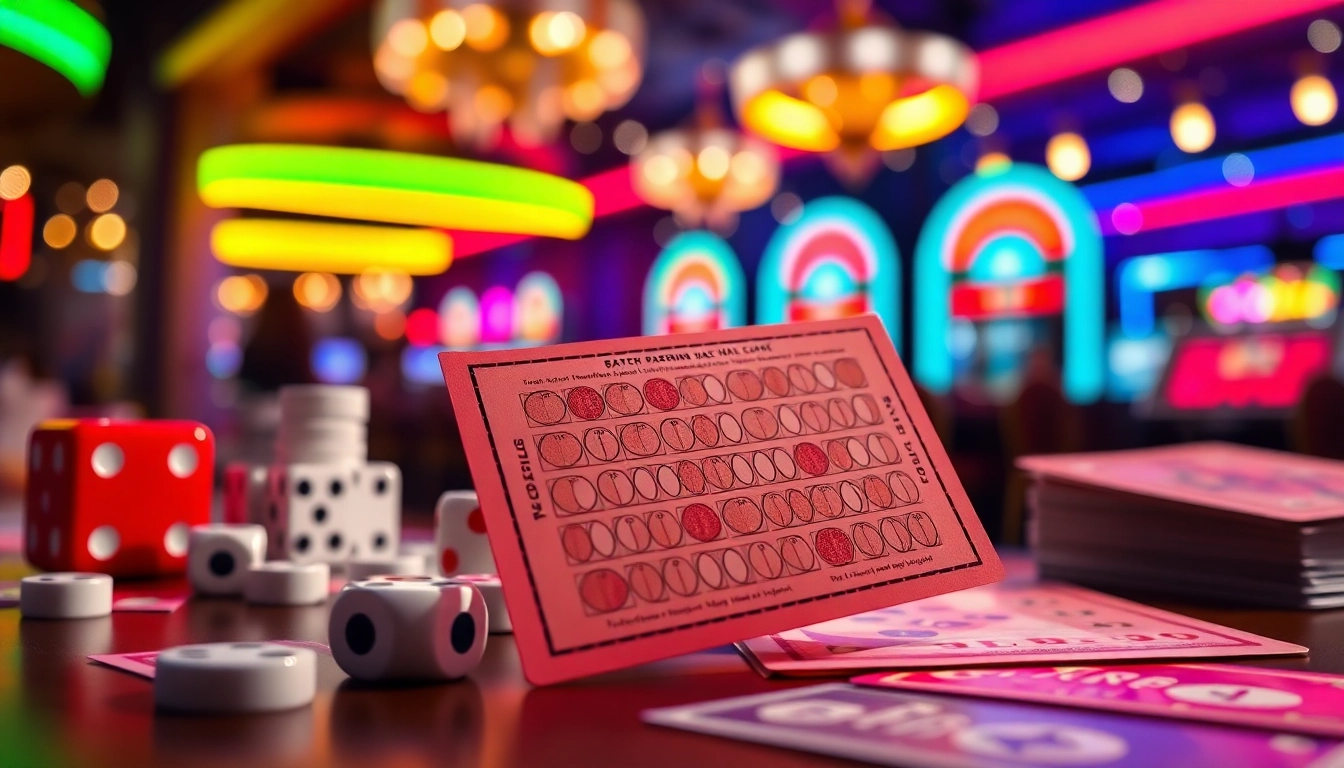 Menggambarkan suasana permainan toto togel yang menggugah di https://festivalcondo.deals-gta.com dengan tiket keberuntungan dan dadu berkilauan.