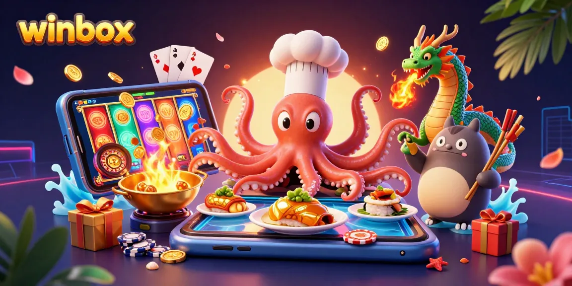 Engage in thrilling gameplay at Winbox, where a vibrant sushi chef octopus and dragon bring excitement to slots.