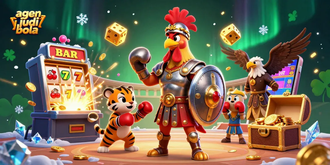 A dynamic illustration capturing agen judi bola, featuring a gladiator rooster and a sparring tiger cub amidst a jackpot explosion.
