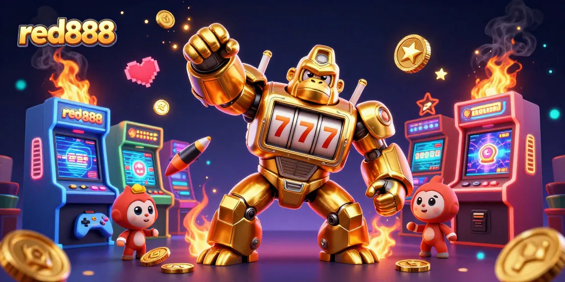 A dynamic scene with the red888 gorilla mech and vibrant casino elements showcasing excitement in gaming.