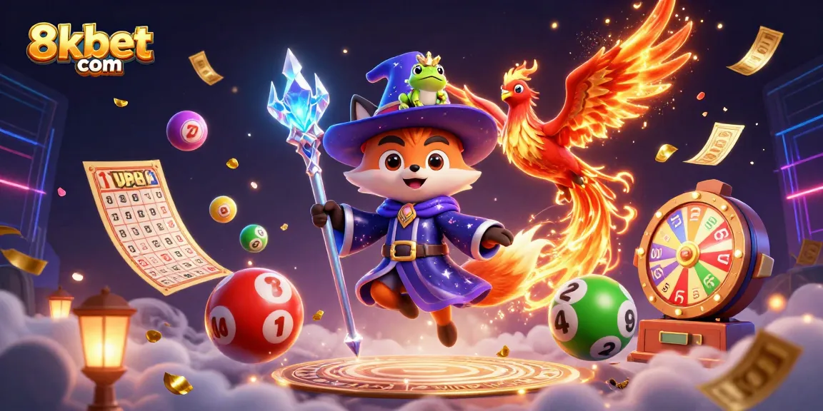 Win exciting prizes with 8xbet com's dynamic lottery and gaming illustrated scene.