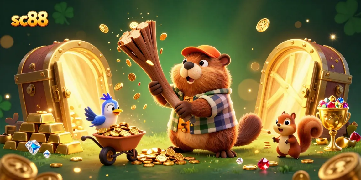 Engage with sc88 as the beaver collects golden coins in a vibrant casino illustration.