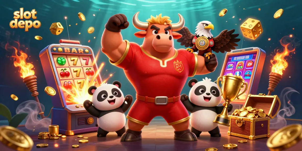 Experience big wins at Slot Depo with vibrant characters celebrating around a jackpot slot machine.